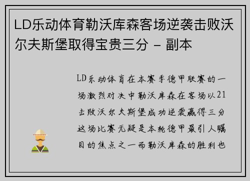 LD乐动体育勒沃库森客场逆袭击败沃尔夫斯堡取得宝贵三分 - 副本