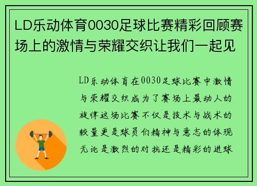 LD乐动体育0030足球比赛精彩回顾赛场上的激情与荣耀交织让我们一起见证这场盛宴